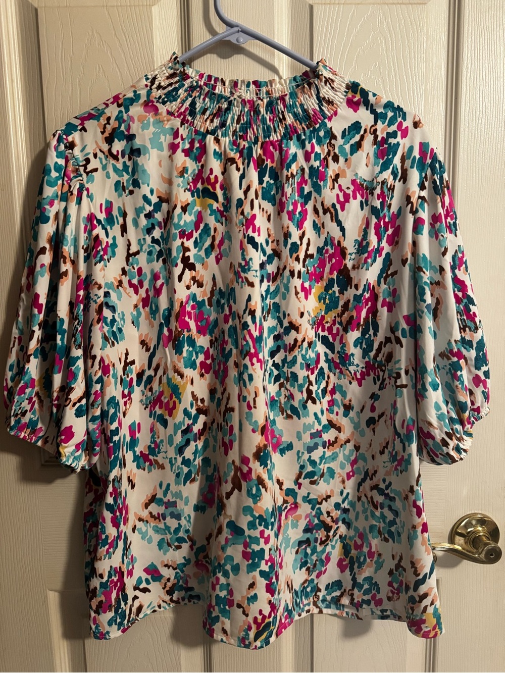 Smocked Neck Short Sleeve Blouse in Teal & Fuchsia Abstract Print